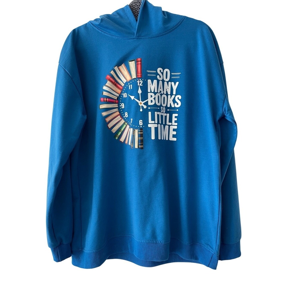 Women's Blue Hoodie 'So Many Books So‎ Little Time' Graphic Large
